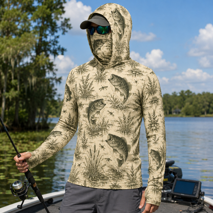 Vintage Bass Fishing UPF Sun Protection Fishing Shirt With Face Cover And Thumb Holes