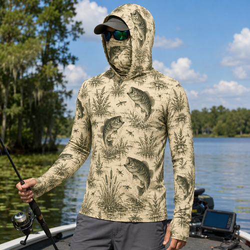 Vintage Bass Fishing UPF Sun Protection Fishing Shirt With Face Cover And Thumb Holes
