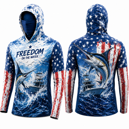 Marlin Fishing Hoodie – Patriotic Offshore Fishing Shirt with Face Cover, Thumb Holes for Anglers