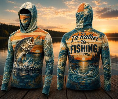 Vintage Bass Fishing Hoodie – I'd Rather Be Fishing Outdoor Shirt, Face Cover, Thumb Holes