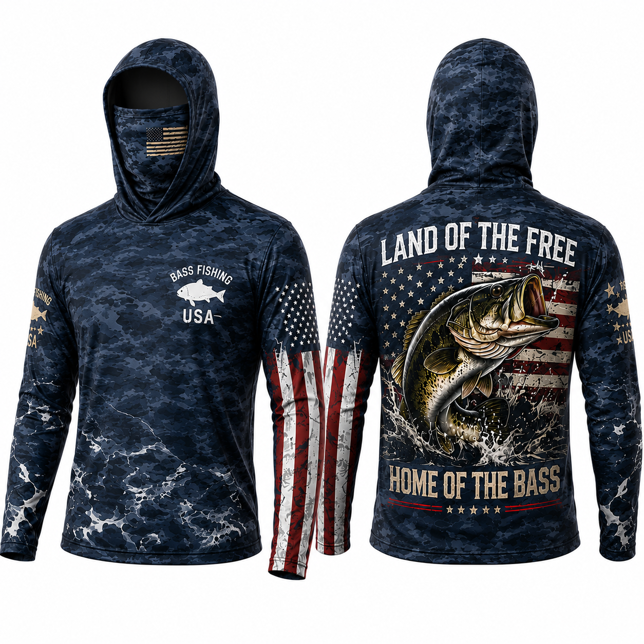 Patriotic Bass Fishing Hoodie With Face Cover, Thumb Holes – Land of the Free, Home of the Bass