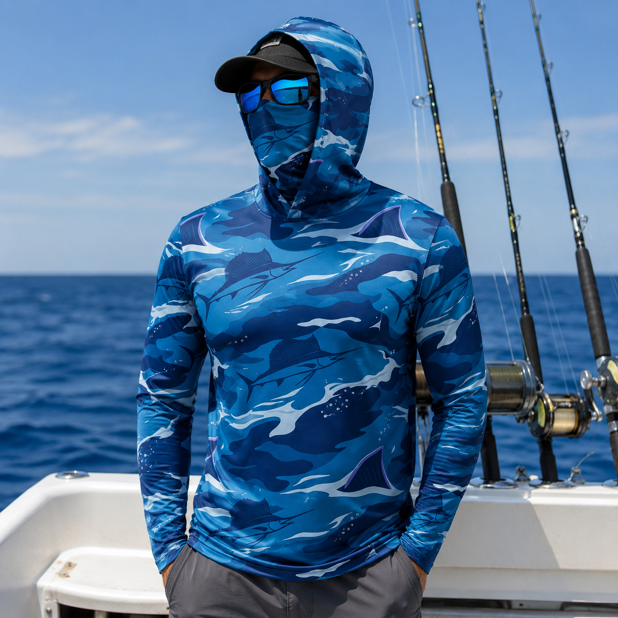 Sailfish Fishing Gift – Offshore Angler Hoodie with Face Cover, Thumb Holes for Fishermen
