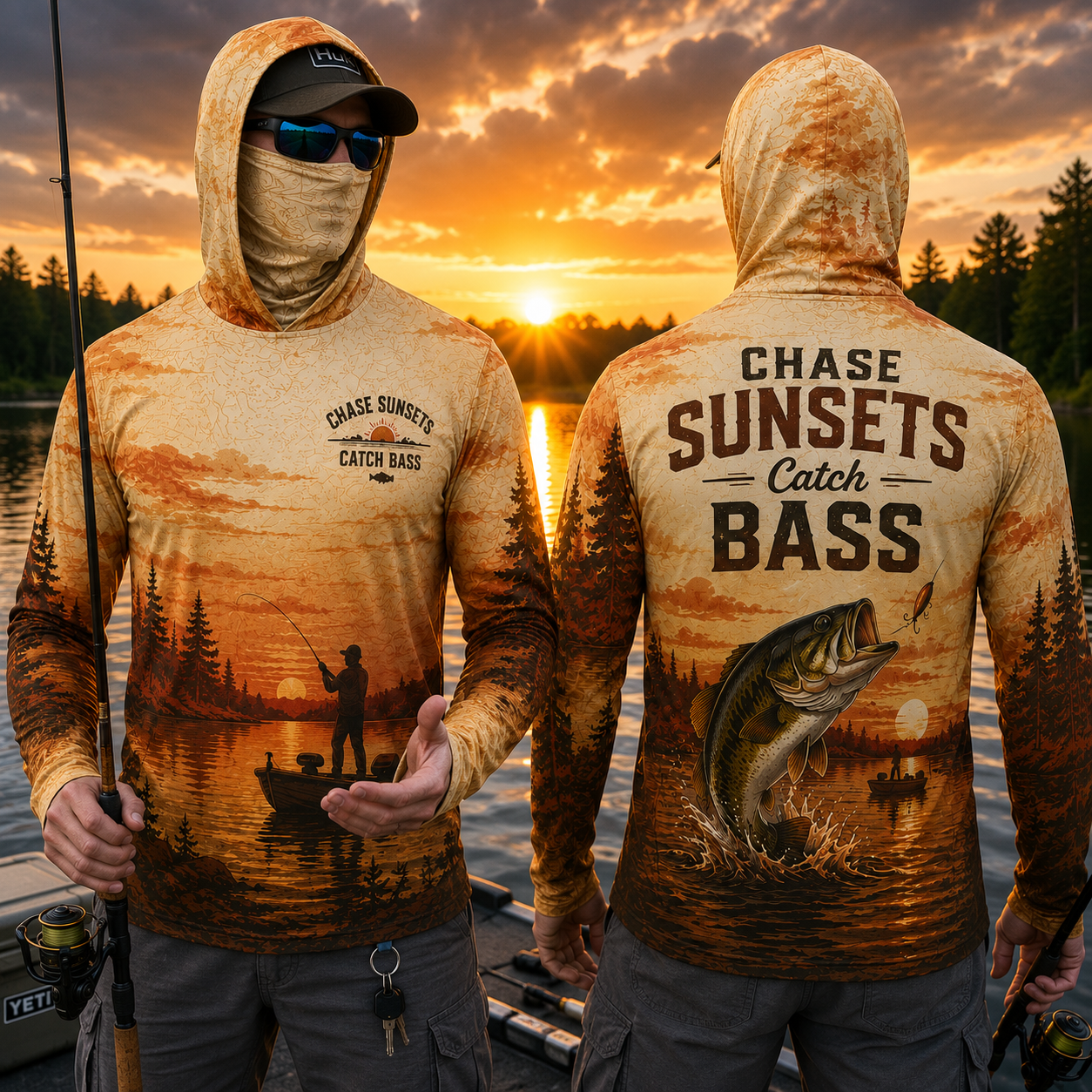 Chase Sunsets Catch Bass UPF Sun Protection Fishing Shirt With Face Cover And Thumb Holes