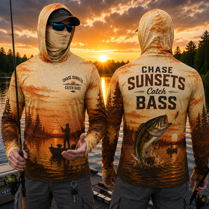 Chase Sunsets Catch Bass UPF Sun Protection Fishing Shirt With Face Cover And Thumb Holes