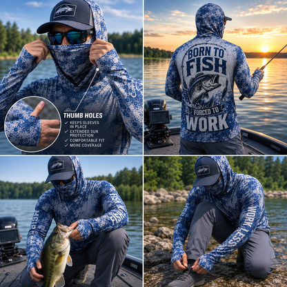 Born To Fish Forced To Work Bass Fishing UPF Sun Protection Fishing Shirt With Face Cover And Thumb Holes