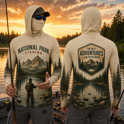 National Park Fishing Bass Fishing UPF Sun Protection Fishing Shirt With Face Cover And Thumb Holes